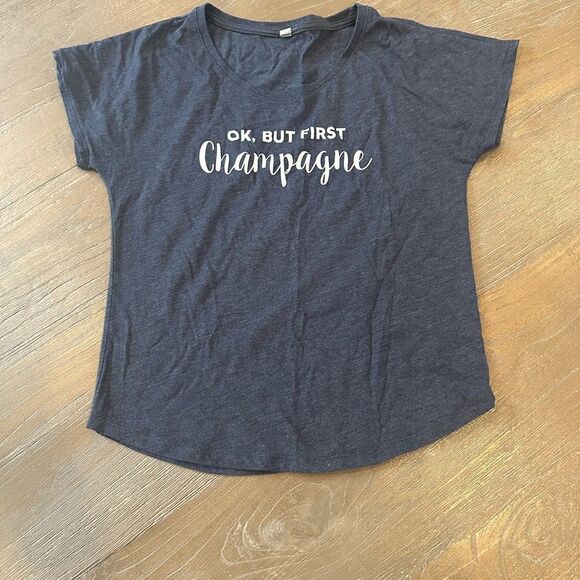 Ok but first champagne soft tee t-shirt- blue - bridal party - wide neck- medium - Picture 1 of 4